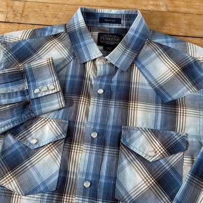 Pendleton Frontier Pearl Snap Shirt Mens M Blue/White Plaid Western Rodeo Cowboy