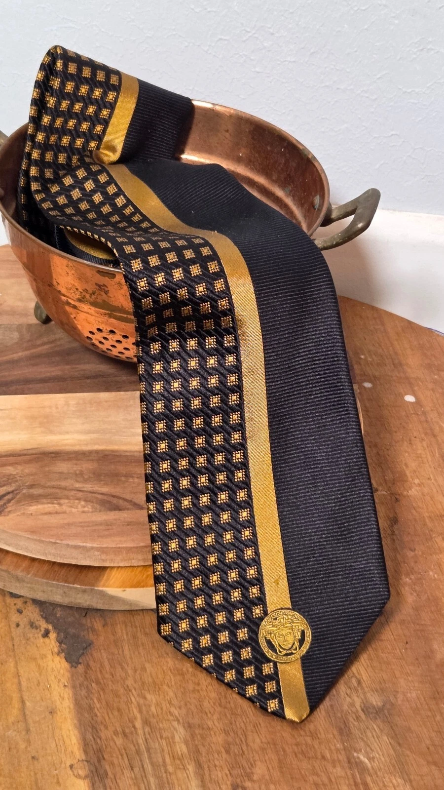 Gianni Versace Vintage Silk Tie Black Gold Medusa Head Geometric Checkerboard image 1