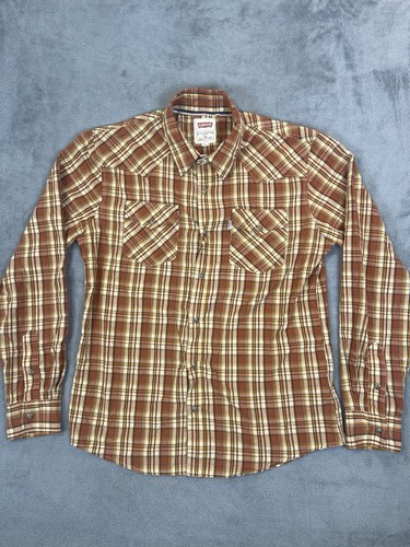 Levis Shirt Mens Medium Orange Plaid Modern Pearl Snap Button Western Cowboy - Picture 5 of 10