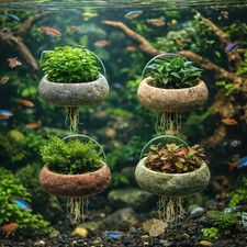 Mini Stone Aquarium Planter with Suction Cup Glass Mounted Plant Holder