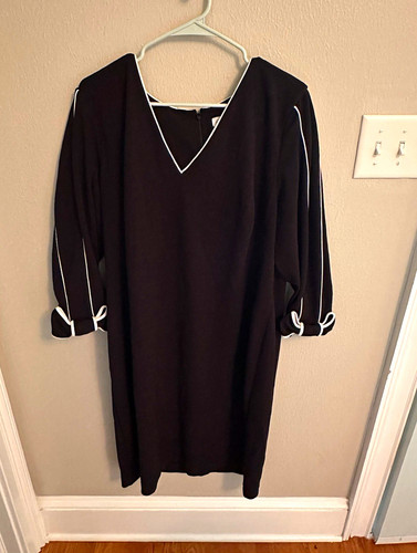 Calvin Klein Black Shift Dress with White Trim and V-Neckline.