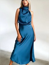 Cider deep teal high neck sleeveless ruched maxi satin midi dress size large NWT