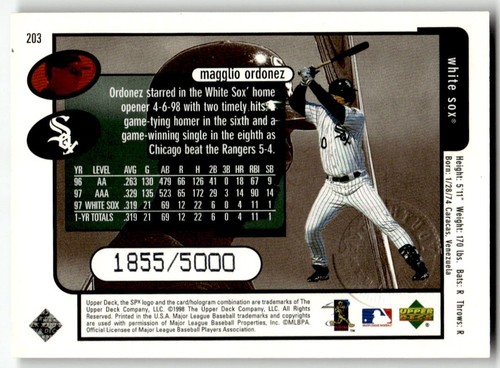 1998 SPx Finite - Magglio Ordonez #203 1855/5000 (RC) - Afbeelding 2 van 2