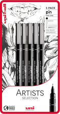 Artists Selection 5 Piece Uni-Pin Fineliner Drawing Pens, Black
