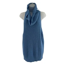 Free People FP Beach Sleeveless Sweater Womens Large Blue Cowl Neck Tunic Knit