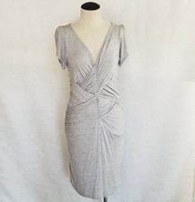 BCBGirls Bodycon Dress Size M Gray Crisscross Ruched w/ Shimmery Printed Pattern