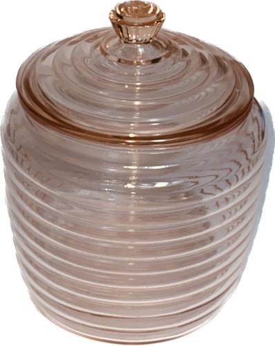 Antique Depression Glass Pink Ribbed Cookie Jar/Biscuit Bowl - Beehive 8” X 5” - Picture 6 of 14