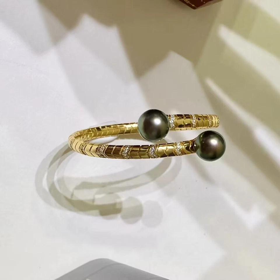 stunning 10-11mm tahitian round black green pearl bracelet (t) - Image 2 of 3