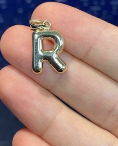 Authentic Solid Metal Men's Custom Puffy Letter R Pendant 14K Yellow Gold Plated Silver