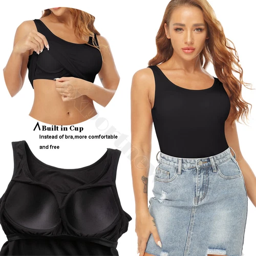 TANK TOP Womens Stretch Long Workout Fitness Sport Yoga Built in Bra Basic Top - Picture 14 of 61