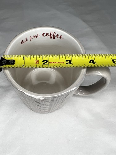 Kirklands Large Coffee Cup Mug Tan Embossed Sweater BUT FIRST, COFFEE; Used - Picture 3 of 8