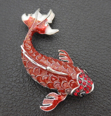 Women's Red Enamel Crystal Carp Fish Brooch Pin