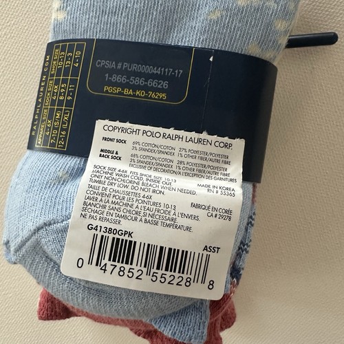 Polo Ralph Lauren Girls 4-6X Bear 3 Pack Crew Socks NWT Shoe Size 10-13 - Picture 3 of 7