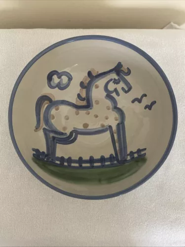 M.A. Hadley 8” Serving Bowl Blue White Horse Fence Pasture Signed Vintage