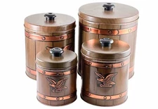 Vintage J L Clark 4 Nesting Canisters w/ Lids Americana Eagle Painted Tins Brown
