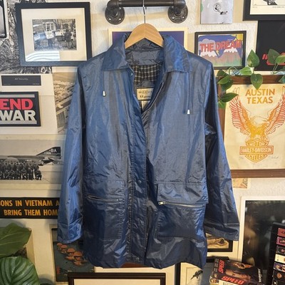 Vintage Sequence V.I. Petite Hooded Metallic Blue Rain Coat Jacket Plaid Lined
