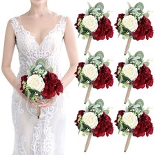 Artificial Flowers Bridesmaids Bouquets Set of 6 - Burgundy and White Bridesm...