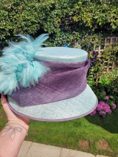 Jacques Vert Wedding Hat Aqua Purple Mother Of Bride Wedding Feathery Races - Picture 3 of 12