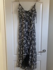 Express Women's Floral Ruffle High Low Maxi Dress Sleeveless Black Beige Sz S