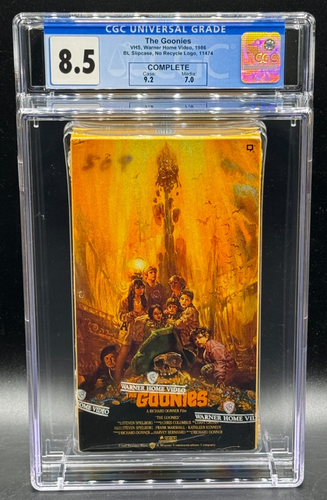 1986 The Goonies 1st Imprimé VHS Cgc 8.5 Descellé Complet Cib Partiel Gaine Wrap - Photo 1 sur 2