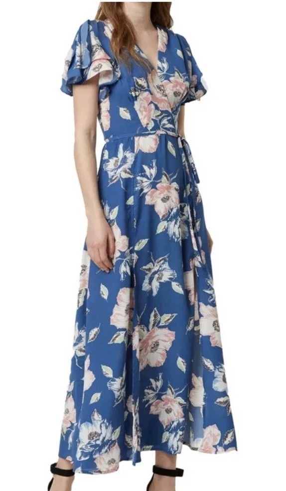 Vestido midi de té azul vintage floral French Connection Verona Reino Unido 10
