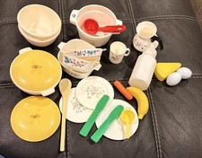 25 Pieces Vintage Toy Dishes Casserole Dish Cups Flatware Chilton Fisher-Price