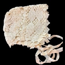 Antique Victorian Edwardian Irish Crochet Baby Bonnet Silk Lining  Rosette 1900