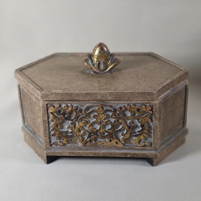Vintage Hand Painted Resin Trinket Box Hexagon Lidded Jewelry Keepsake Box