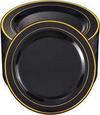 100 Pieces Black and Gold Plastic Dinner Plates - 10.25 Inch Black Disposable Pl