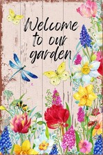 Welcome To Our Garden Retro Tin Metal Signs Home D cor 8x12 Floral Bee Dragonfly