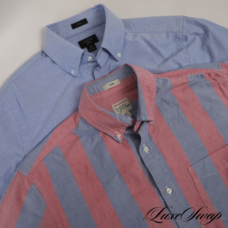 LOT X2 J. Crew Solid Blue Strawberry Block Stripe OCBD Oxford Cloth Shirt 15/M