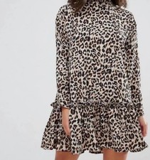 ASOS Women's Long Sleeve Cheetah Leopard Print Dress Ruffled Hem