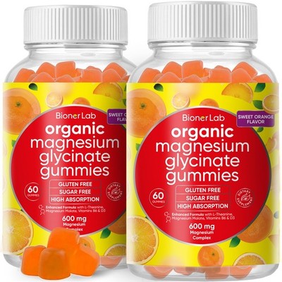 BionerLab Magnesium Glycinate Chewable Gummies (600mg) for Kids & Adults (2Pack)
