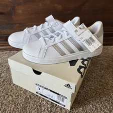 Size 7 - Adidas Grand Court Tennis Shoe Sneaker White Platinum Metallic Womens