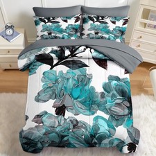 Comforter Set Full Size, Teal Turquoise Flower 7 Pcs Bedding for Kids and Adu...