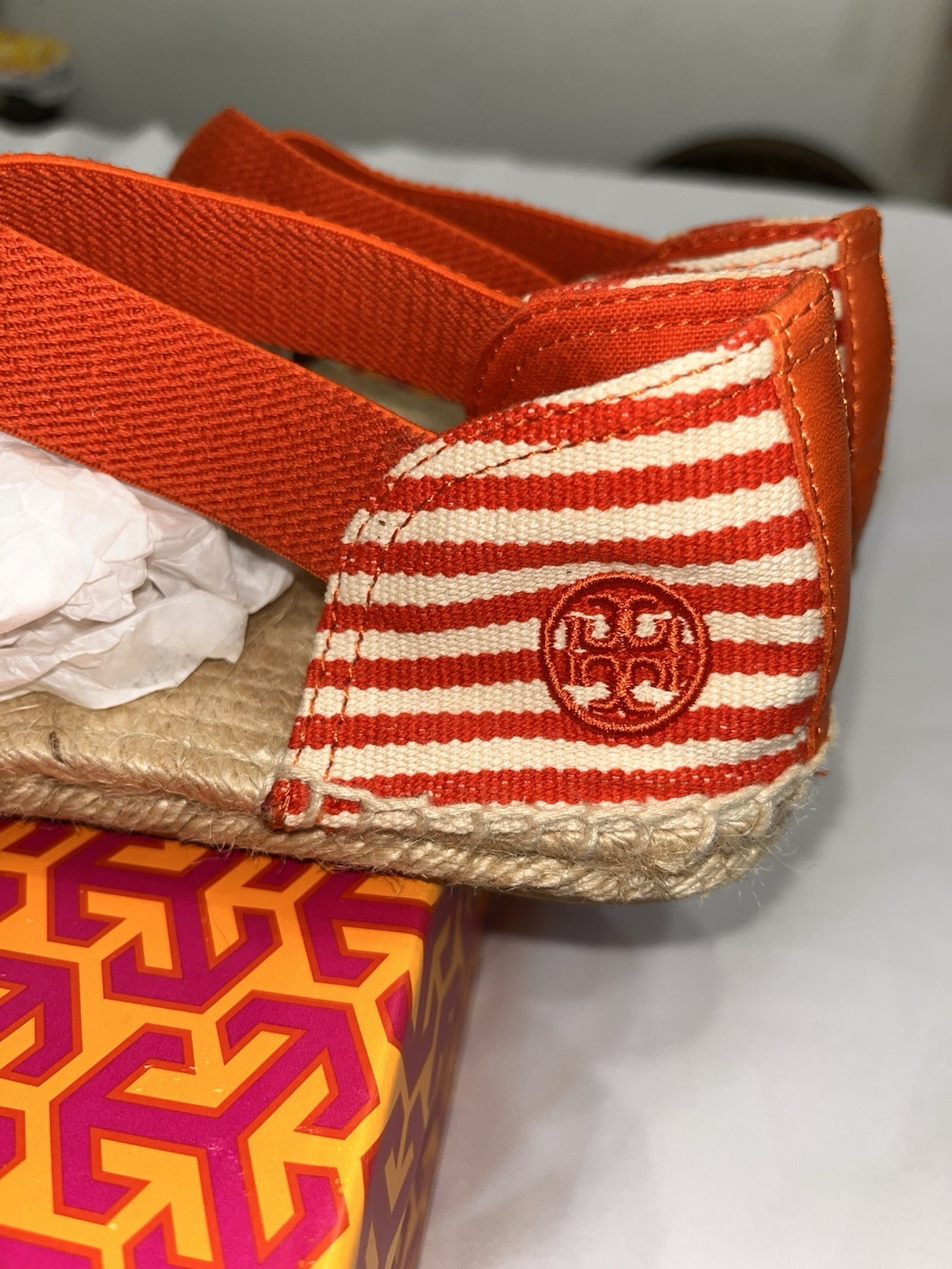 NIB Tory Burch Catalina Espadrille stripe Flame red Orange sandals shoes. 7 thumbnail 8