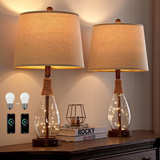 Modern 23" USB A C Rattan Glass Table Lamps Set of 2 for Bedroom  Living Room