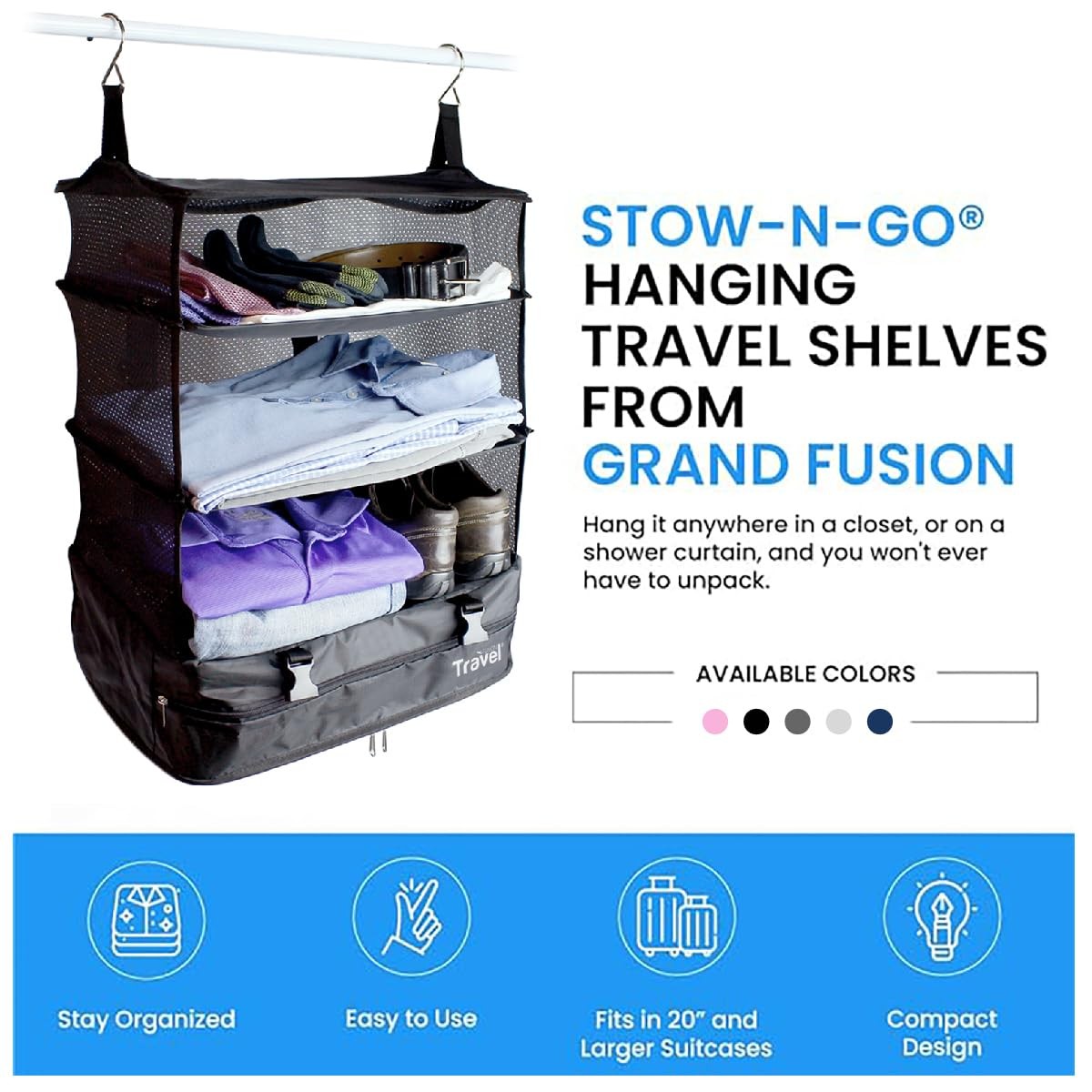 Stow-N-Go Travel Luggage Organizer – Portable Hanging Travel Shelves, Carry-O...