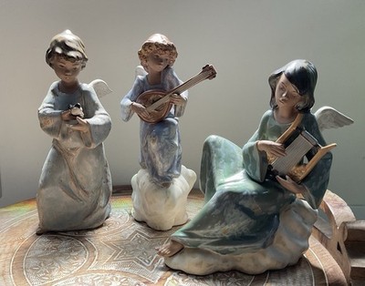 RARE LLADRO Gres Finish Angels Beautiful Colors Porcelain Figurines x3, Spain