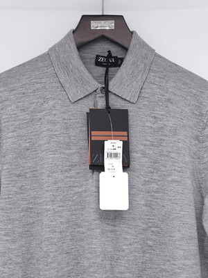 Zegna Polo Strick Cashseta Polo Langarm grau Kragen Kaschmir Seide 50