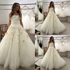 3D Flowers Wedding Dress Strapless A-line Sleeveless Chapel Train Bride Gowns