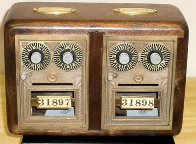 U S Post Office Box Door Coin Bank With Double Doors-Size 1 Dual Dial-Walnut
