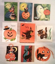 9 VINTAGE 1950's-60's Gibson HALLOWEEN Party Tally Card WITCH, GHOST, BLACK CAT