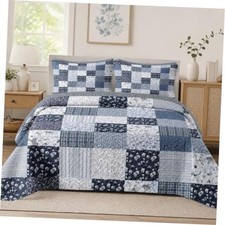 Queen Quilt Set, 3 Pieces Floral Boho Bedding, Full/Queen Blue Floral