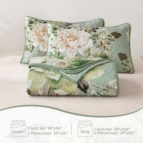 Floral Quilt Set King, 3 Pieces Elegant Flower King 104"×90" Sage Green - Bild 7 von 7