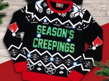 Lights Up! SEASONS CREEPINGS Ugly Christmas Holiday Horror Sweater NEW MEDIUM