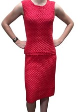 XS S Vtg 60s Coral 2 Pc Dress Set Open Knit Sears Acrylic Sweater Skirt Outfit