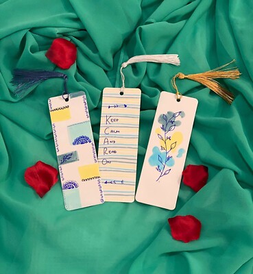 Minimalist Bookmarks With Tassel| floral| Handmade| Blue, Grey, Yellow| 3 Pack