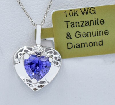 LAB CREATED 0,98 CT TANSANIT & ECHTER DIAMANT HERZ ANHÄNGER 10 K MASSIV GOLD - NEU MIT ETIKETT