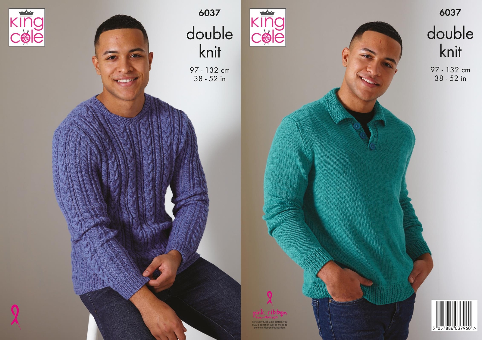 KIng Cole 6037 Knitting Pattern Mens Cable Sweaters in King Cole Cottonsoft DK